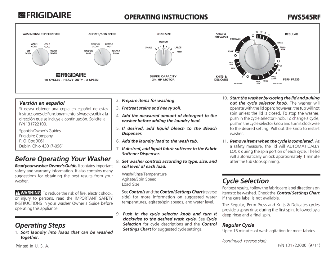 Frigidaire FWS545RF operating instructions Before Operating Your Washer, Operating Steps, Cycle Selection, Regular Cycle 