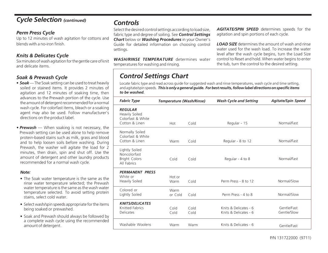 Frigidaire FWS545RF Controls, Control Settings Chart, Perm Press Cycle, Knits & Delicates Cycle, Soak & Prewash Cycle 