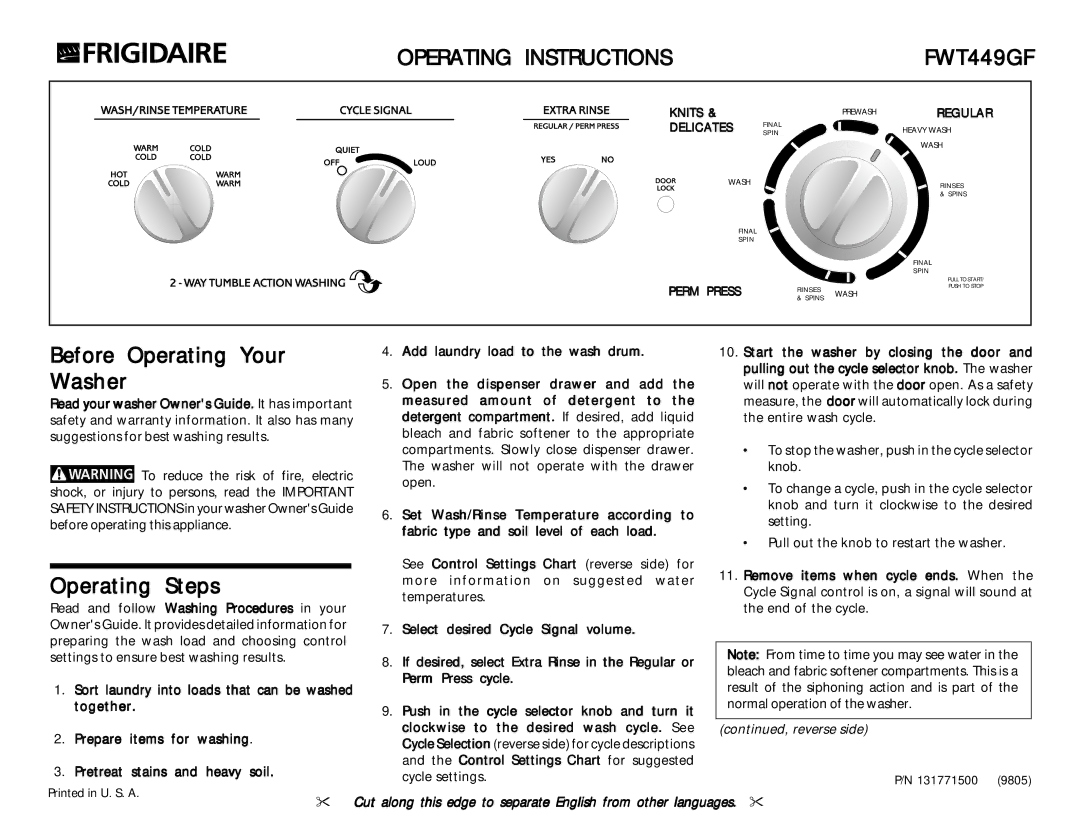 Frigidaire FWT449GF operating instructions Before Operating Your Washer, Operating Steps 