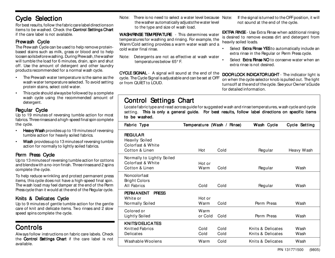 Frigidaire FWT449GF operating instructions Cycle Selection, Controls, Control Settings Chart 