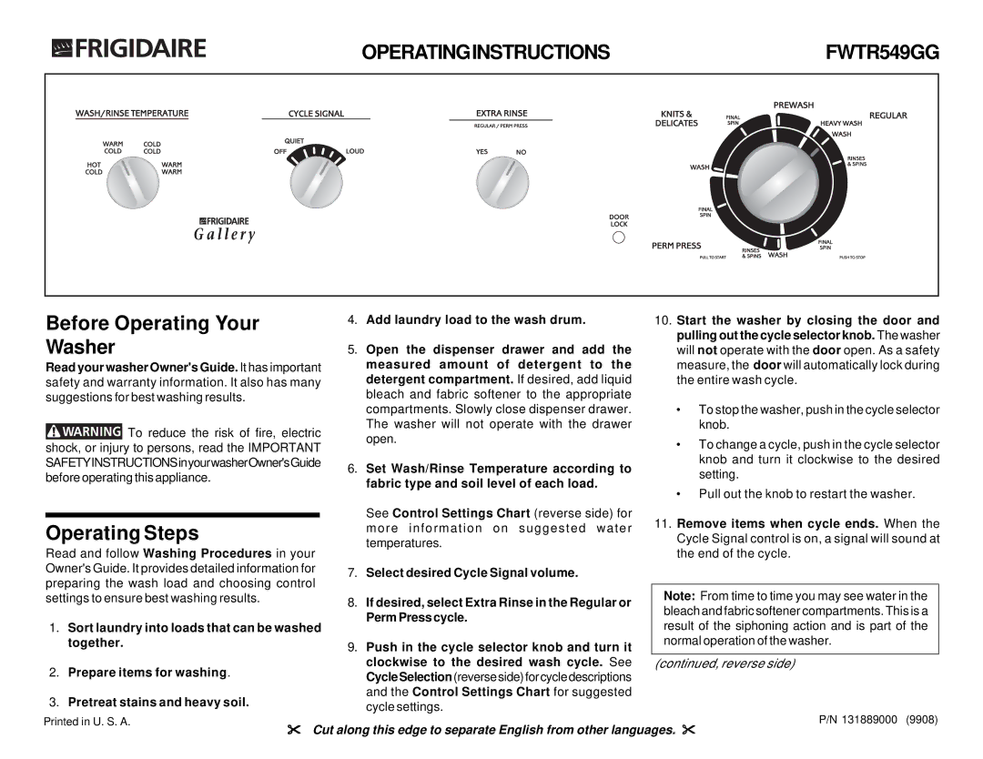 Frigidaire FWTR549GG operating instructions Before Operating Your Washer, Operating Steps 