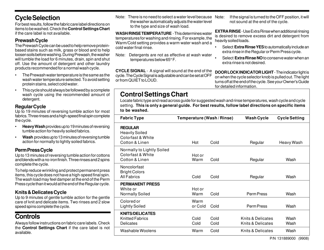 Frigidaire FWTR549GG operating instructions Cycle Selection, Controls, Control Settings Chart 