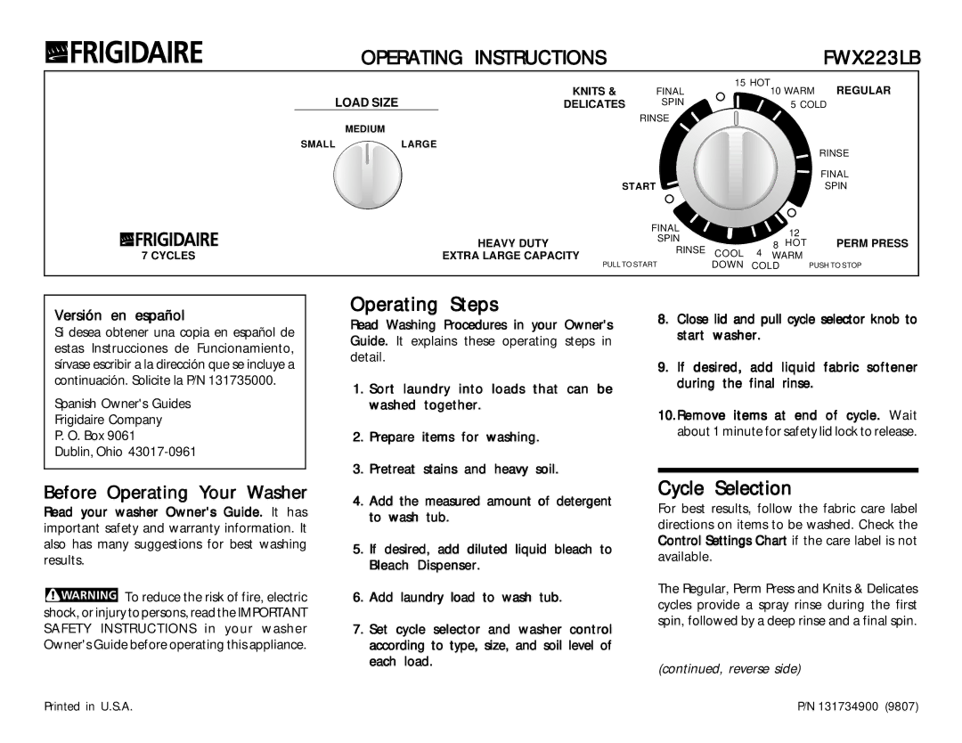 Frigidaire FWX223LB operating instructions Operating Steps, Cycle Selection, Versión en español 