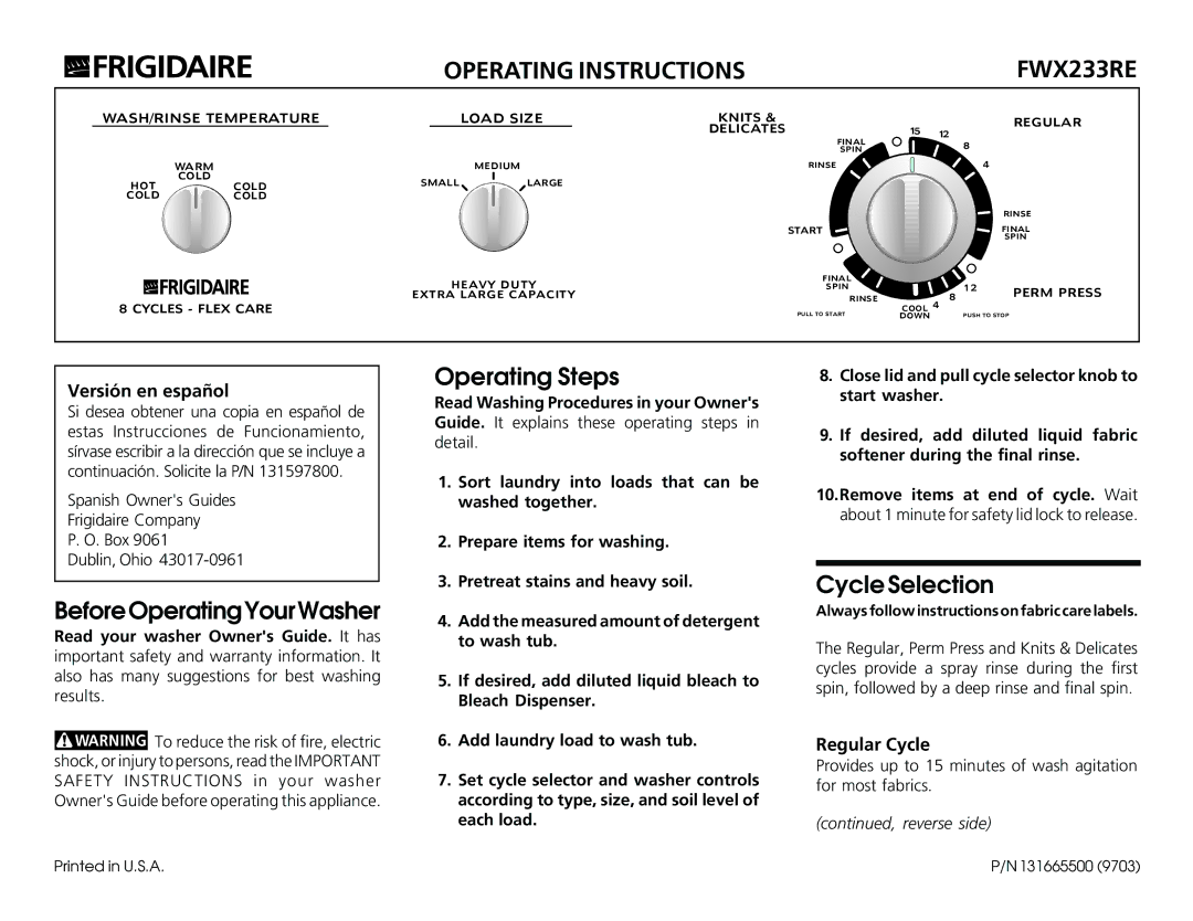 Frigidaire fwx233re operating instructions BeforeOperatingYourWasher, Operating Steps, Cycle Selection, Versión en español 