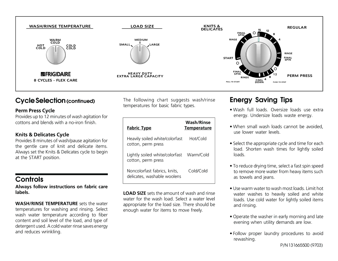 Frigidaire fwx233re operating instructions Controls, Energy Saving Tips, Perm Press Cycle, Knits & Delicates Cycle 