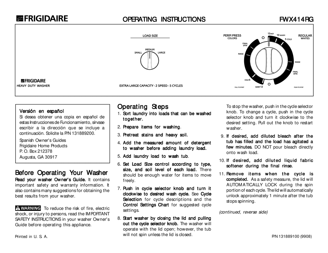 Frigidaire FWX414RG operating instructions Before Operating Your Washer, Operating Steps, Versión en español 