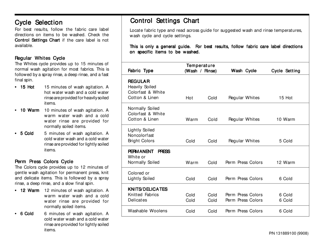 Frigidaire FWX414RG Cycle Selection, Control Settings Chart, Regular Whites Cycle, Perm Press Colors Cycle 