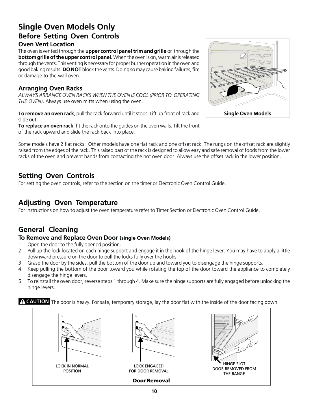 Frigidaire Gas Oven Single Oven Models Only, Oven Vent Location, Arranging Oven Racks, Door Removal 