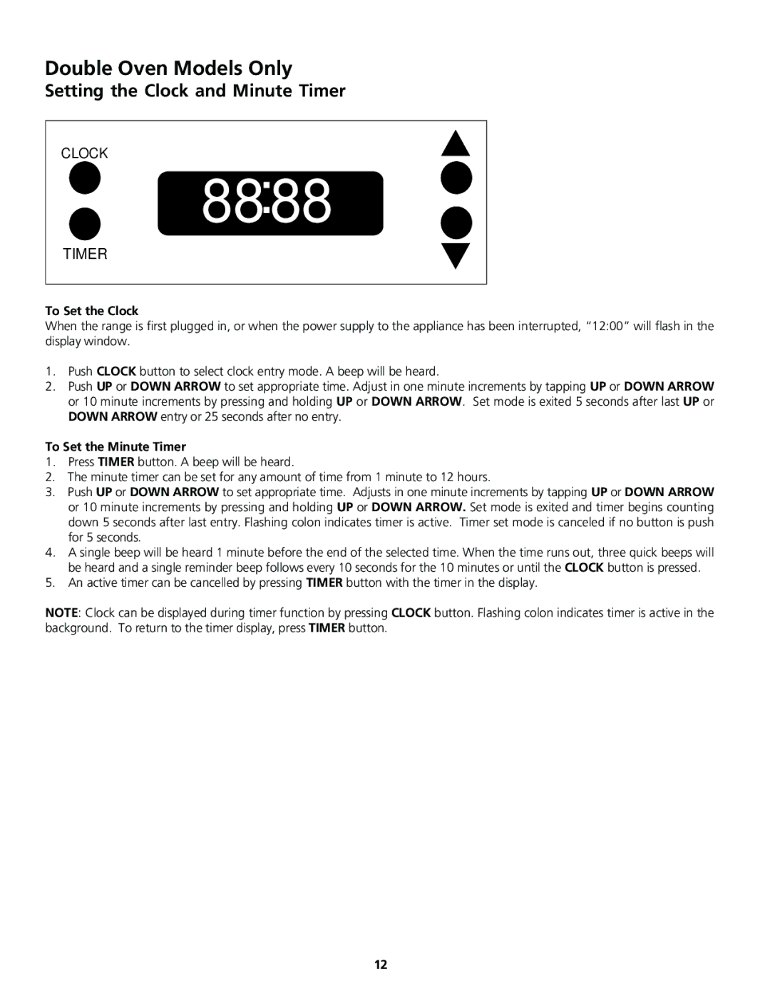 Frigidaire Gas Oven important safety instructions Double Oven Models Only, To Set the Clock, To Set the Minute Timer 