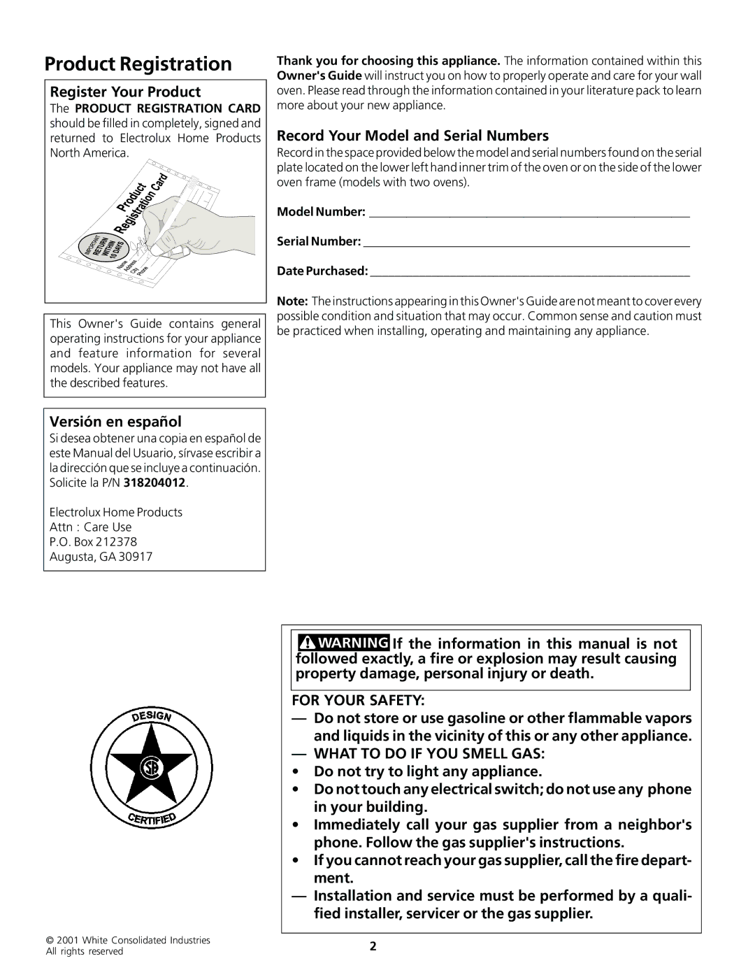 Frigidaire Gas Oven Product Registration, Register Your Product, Record Your Model and Serial Numbers, Versión en español 