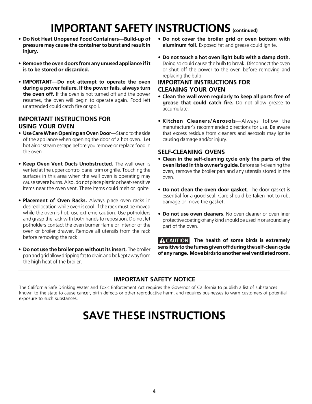 Frigidaire Gas Oven important safety instructions Important Safety Instructions 