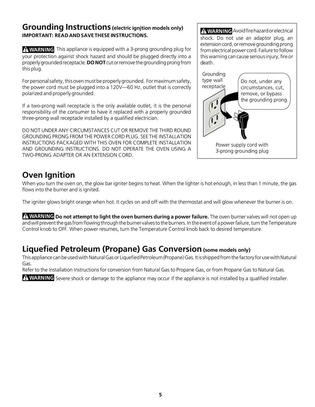 Frigidaire Gas Oven Oven Ignition, Liquefied Petroleum Propane Gas Conversion some models only 