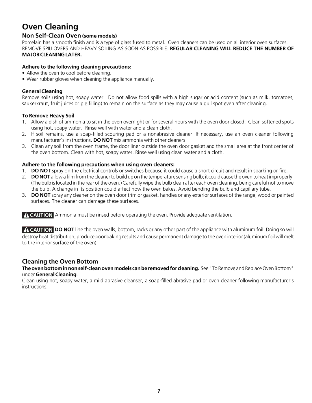 Frigidaire Gas Oven important safety instructions Oven Cleaning, Non Self-Clean Oven some models, Cleaning the Oven Bottom 