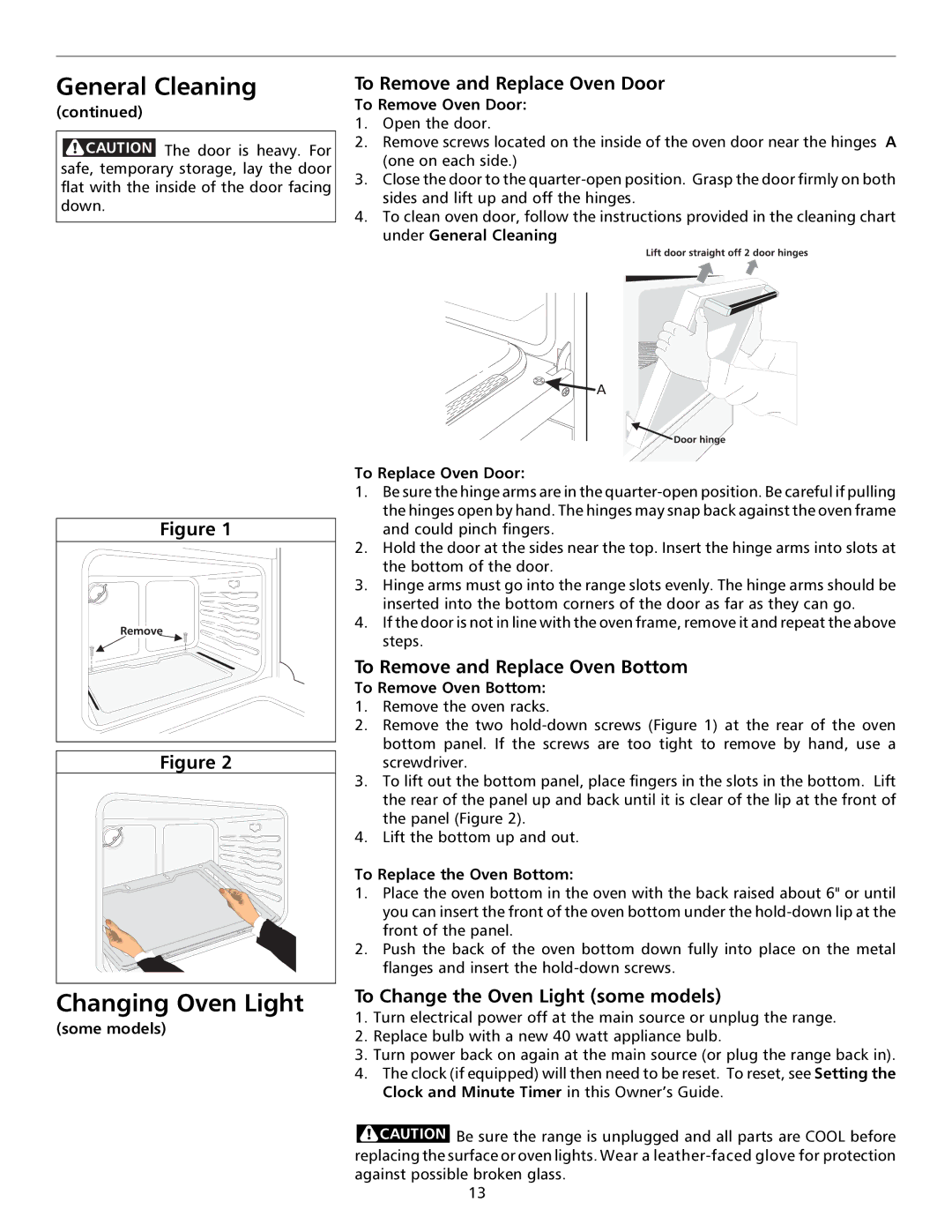 Frigidaire GAS RANG Changing Oven Light, To Remove and Replace Oven Door, To Remove and Replace Oven Bottom 