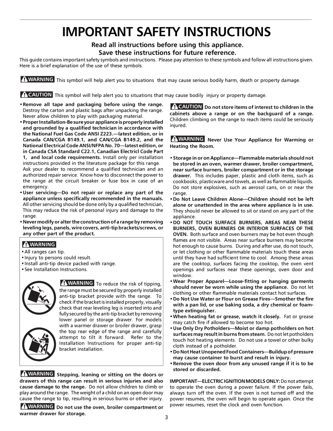 Frigidaire GAS RANG Important Safety Instructions, Stepping, leaning or sitting on the doors or 