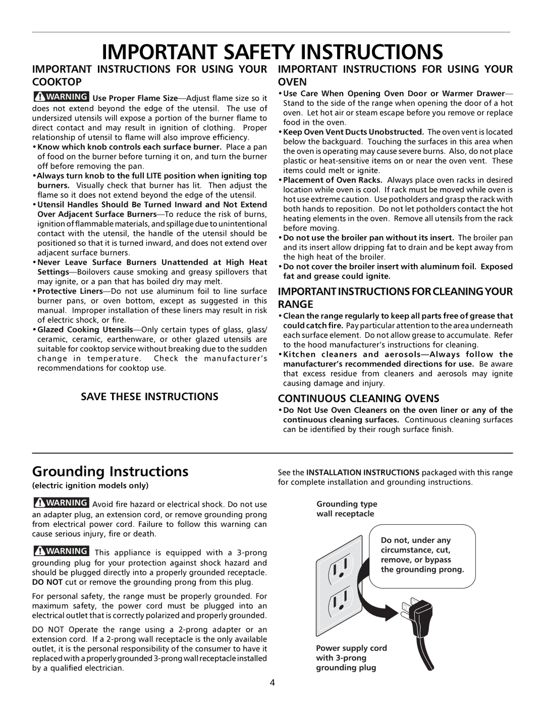 Frigidaire GAS RANG important safety instructions Grounding Instructions, Do Not Use Oven Cleaners on the oven liner or any 