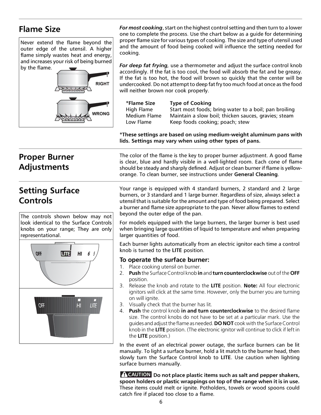 Frigidaire GAS RANG Flame Size, Proper Burner Adjustments, Setting Surface Controls, To operate the surface burner 