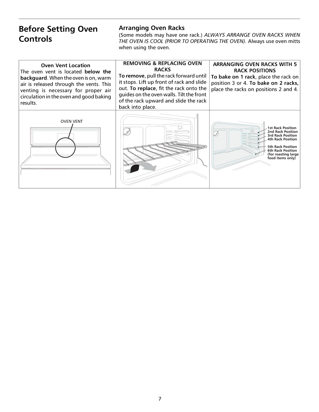 Frigidaire GAS RANG important safety instructions Before Setting Oven Controls, Arranging Oven Racks, Oven Vent Location 