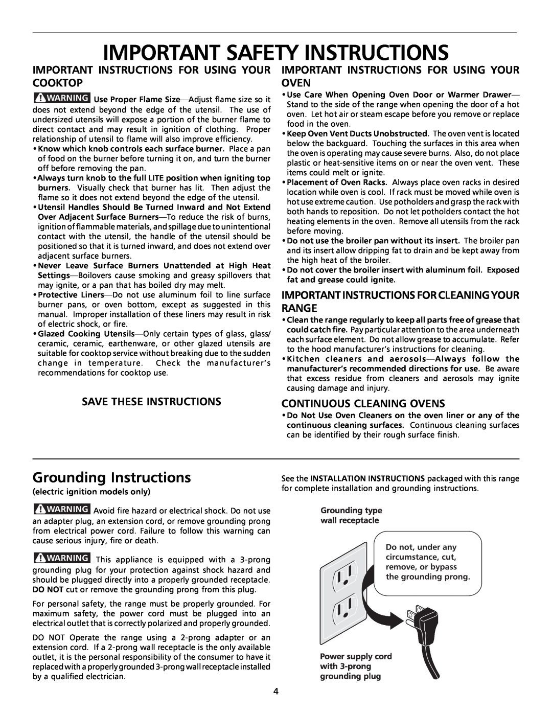 Frigidaire GAS RANG Grounding Instructions, Important Instructions For Using Your Cooktop, Save These Instructions 