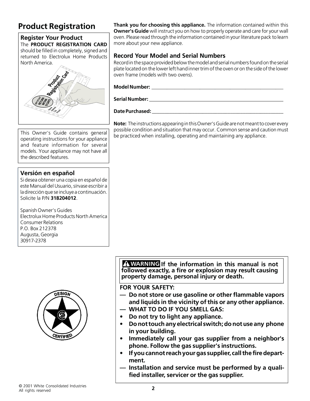 Frigidaire Gas Wall Oven Product Registration, Register Your Product, Record Your Model and Serial Numbers 