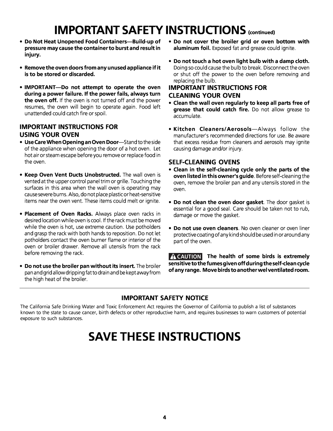 Frigidaire Gas Wall Oven IMPORTANT SAFETY INSTRUCTIONS continued, Save These Instructions, Self-Cleaning Ovens 