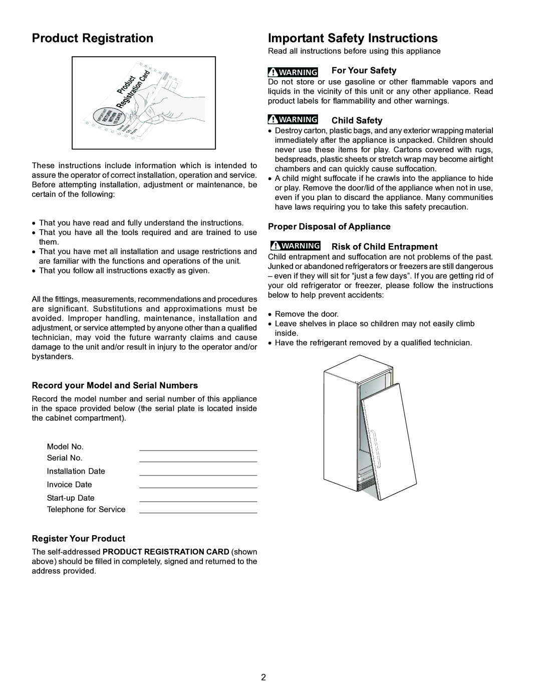 Frigidaire GLASS DOOR REFRIGERATOR important safety instructions Product Registration, Important Safety Instructions 