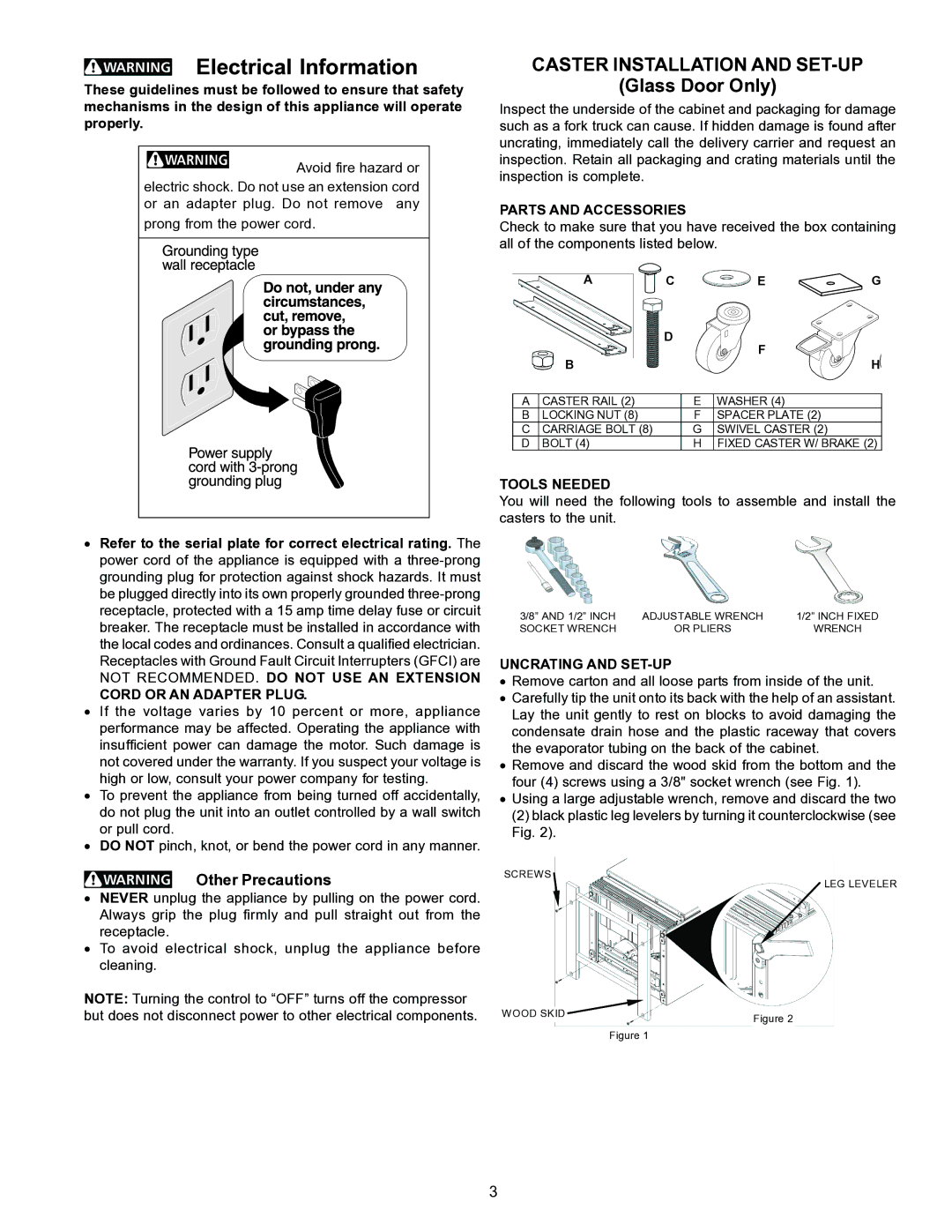 Frigidaire GLASS DOOR REFRIGERATOR Electrical Information, Other Precautions, Parts and Accessories, Tools Needed 