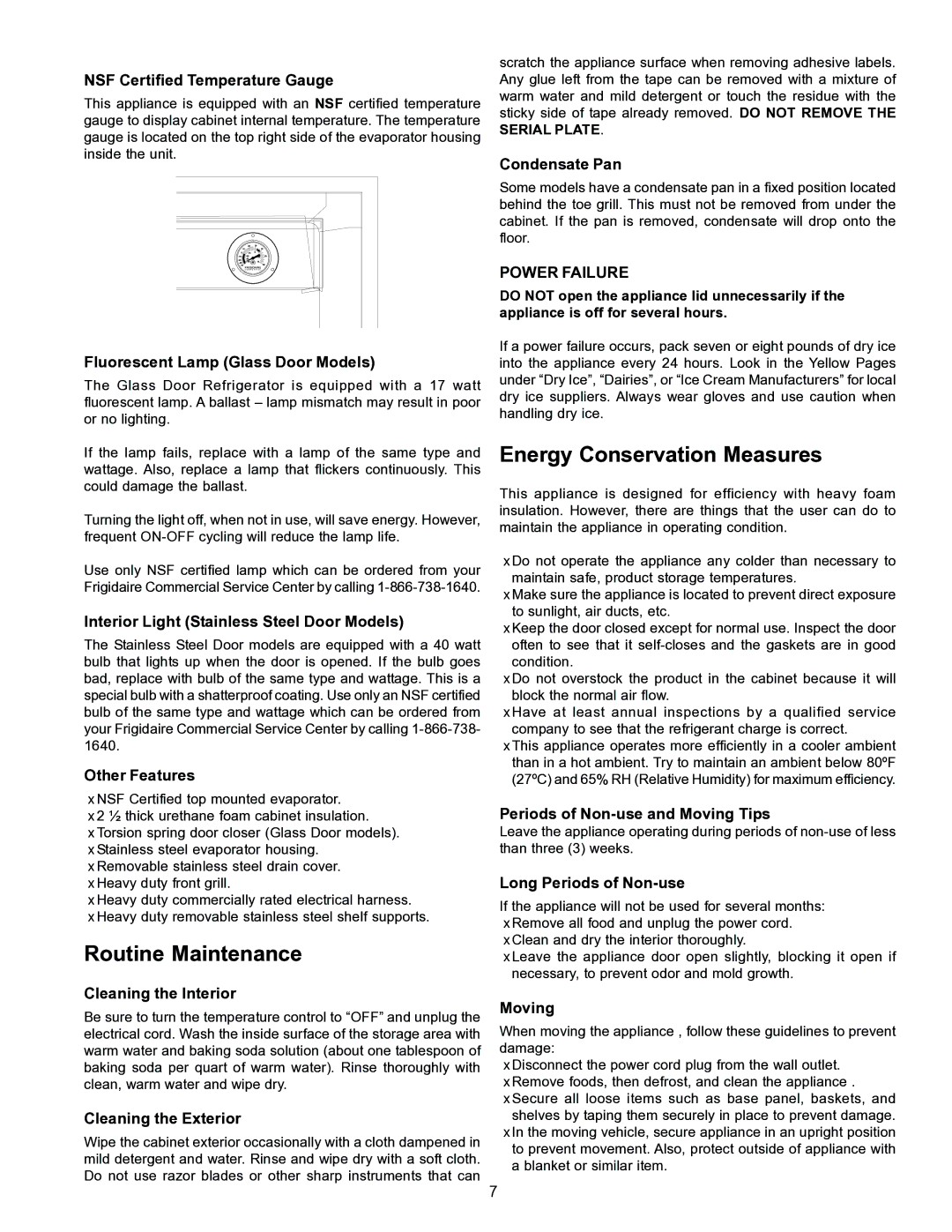 Frigidaire GLASS DOOR REFRIGERATOR important safety instructions Routine Maintenance, Energy Conservation Measures 