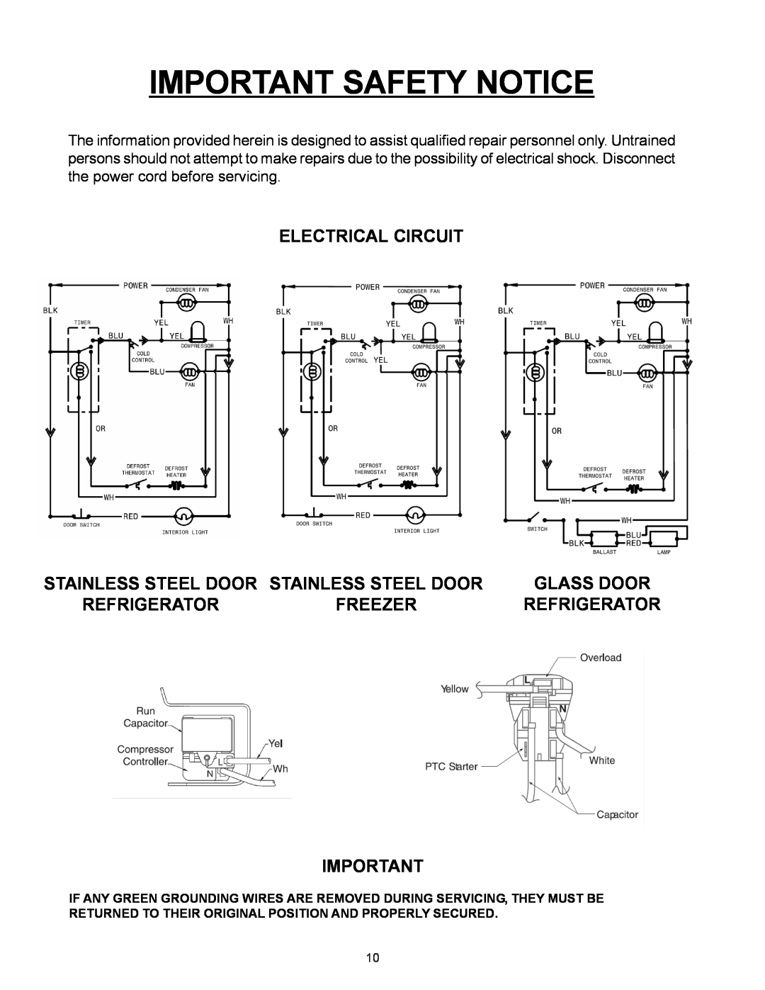 Frigidaire GLASS DOOR REFRIGERATOR Important Safety Notice, Electrical Circuit, Stainless Steel Door Stainless Steel Door 