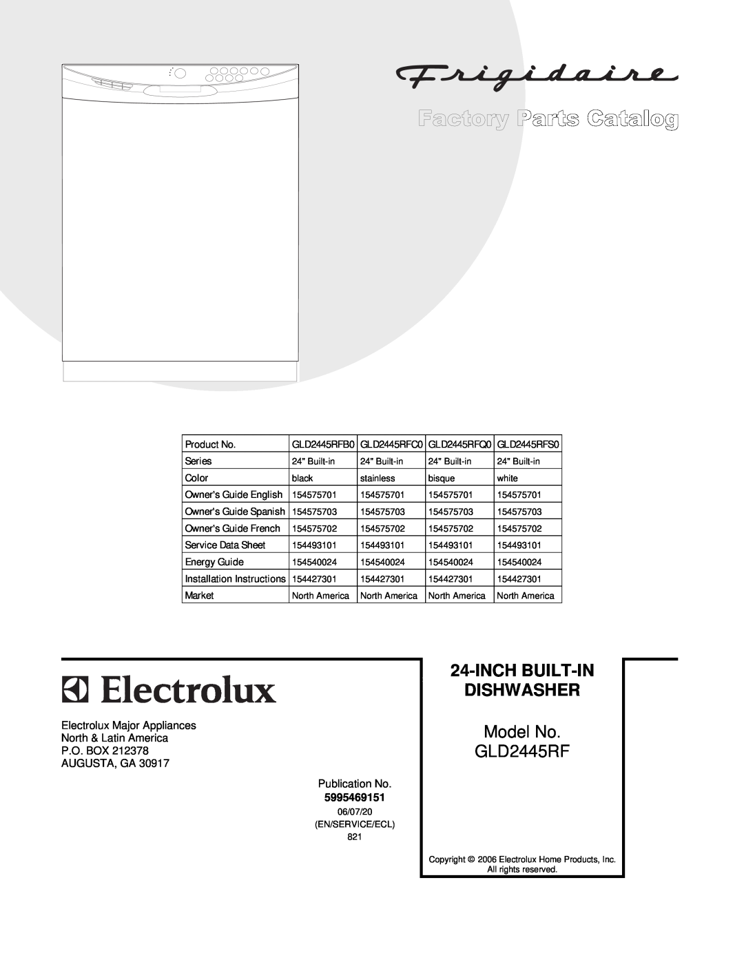 Frigidaire GLD2445RFQ0, GLD2445RFS0 installation instructions Dishwasher, Inch Built-In, Model No, P30R0082.eps 