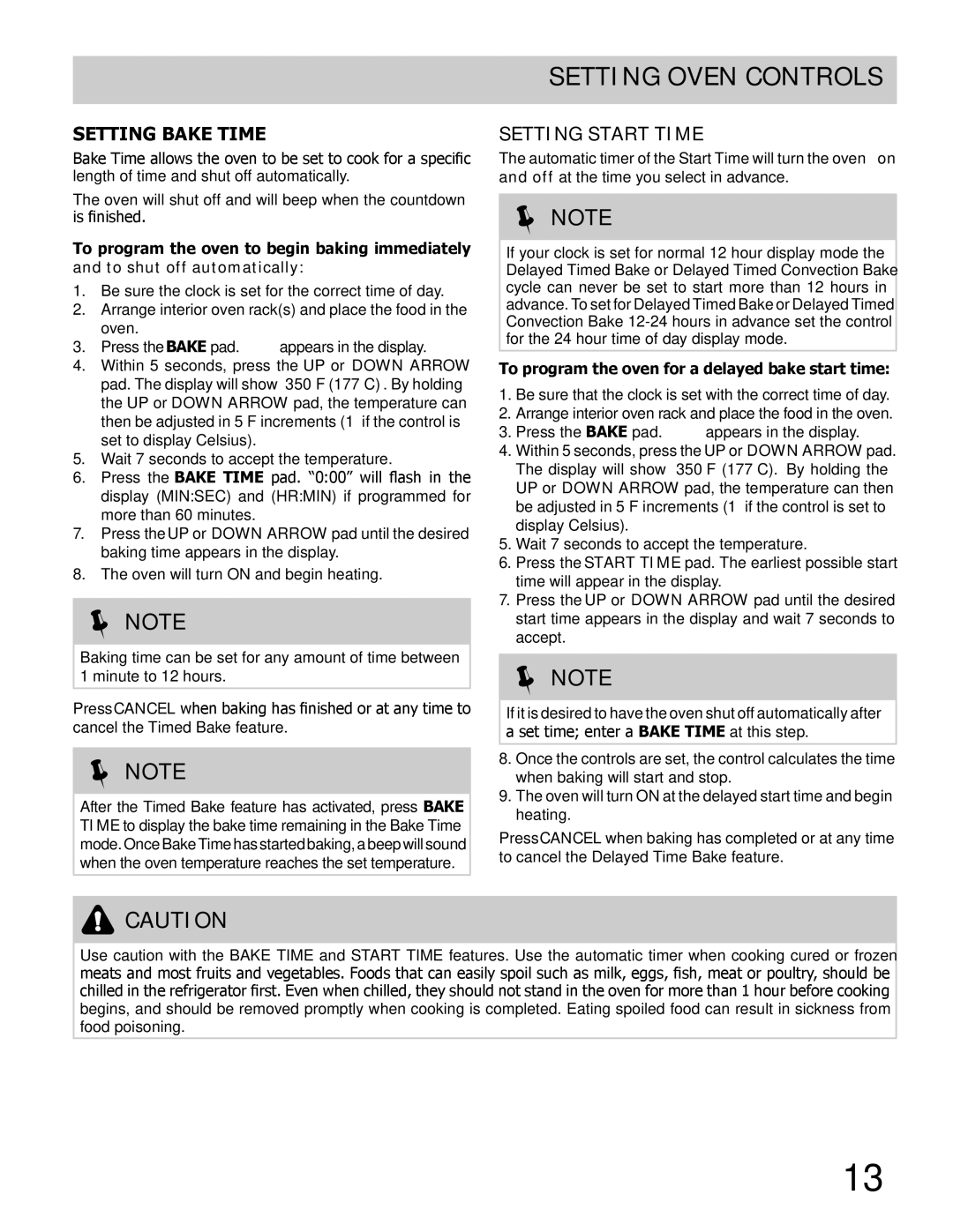 Frigidaire GLEB27Z7HS, GLEB27Z7HB Setting Bake Time, Setting Start Time, To program the oven for a delayed bake start time 