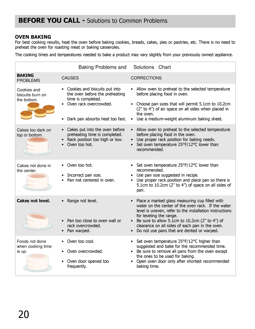 Frigidaire GLEB27Z7HB, GLEB27Z7HS important safety instructions Oven Baking, Baking Problems and Solutions Chart 