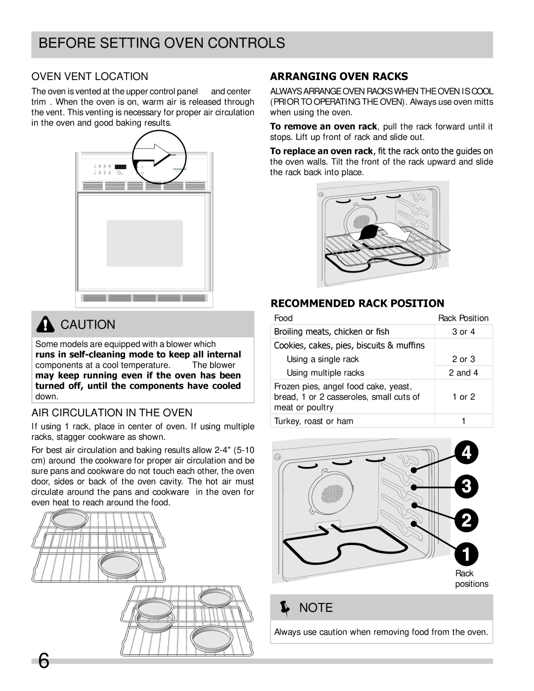 Frigidaire GLEB27Z7HB Before Setting Oven Controls, Oven Vent Location, Air Circulation in the Oven, Arranging Oven Racks 