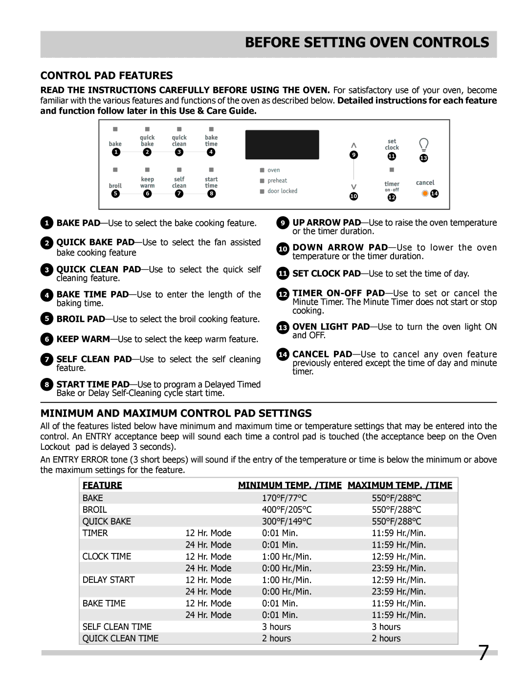 Frigidaire GLEB27Z7HS, GLEB27Z7HB Control Pad Features, Minimum and Maximum Control Pad Settings 