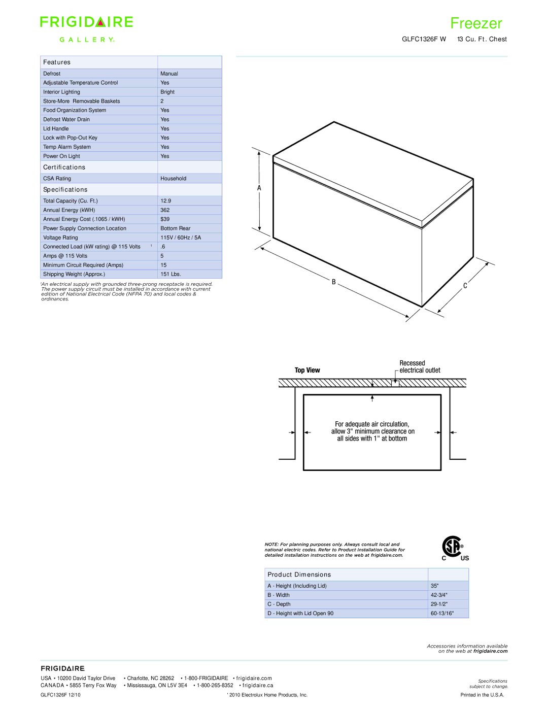 Frigidaire GLFC1326FW dimensions Features, Certifications, Specifications, Product Dimensions 