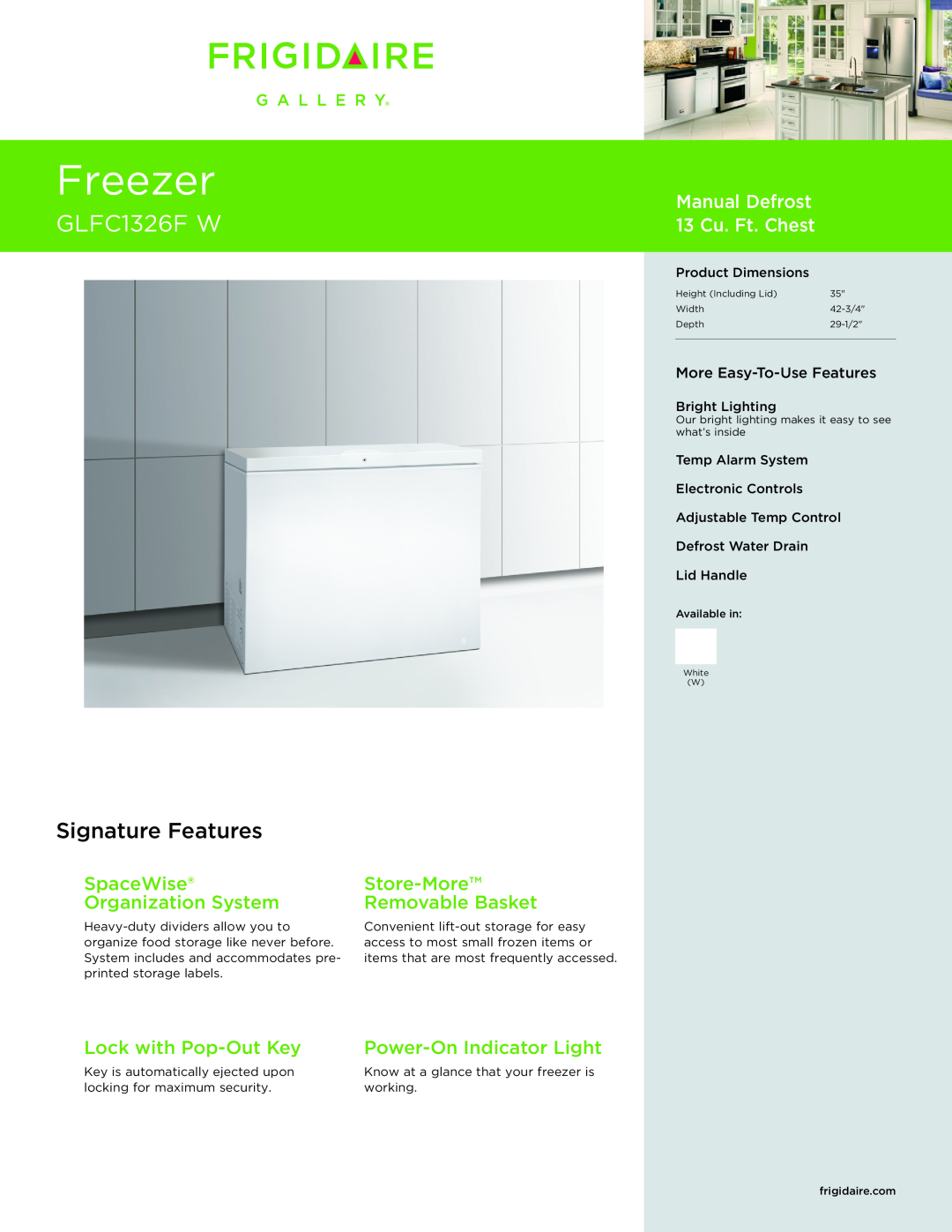 Frigidaire GLFC1326FW dimensions Freezer, GLFC1326F W, Signature Features, Manual Defrost 13 Cu. Ft. Chest, working 