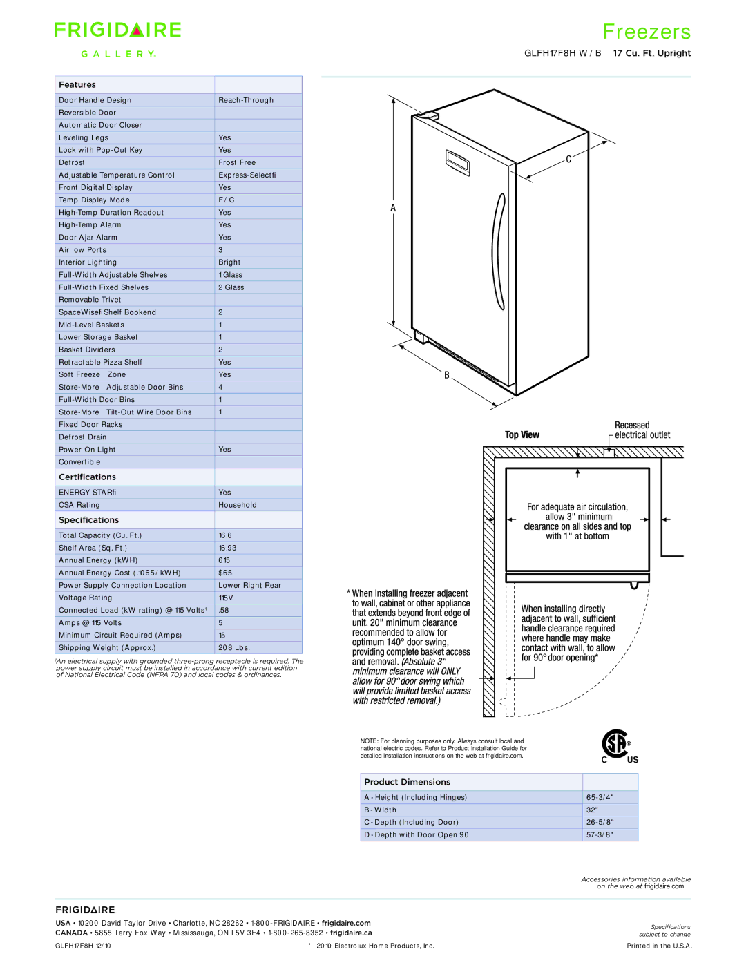 Frigidaire GLFH17F8H dimensions Features, Certifications, Specifications, Product Dimensions 