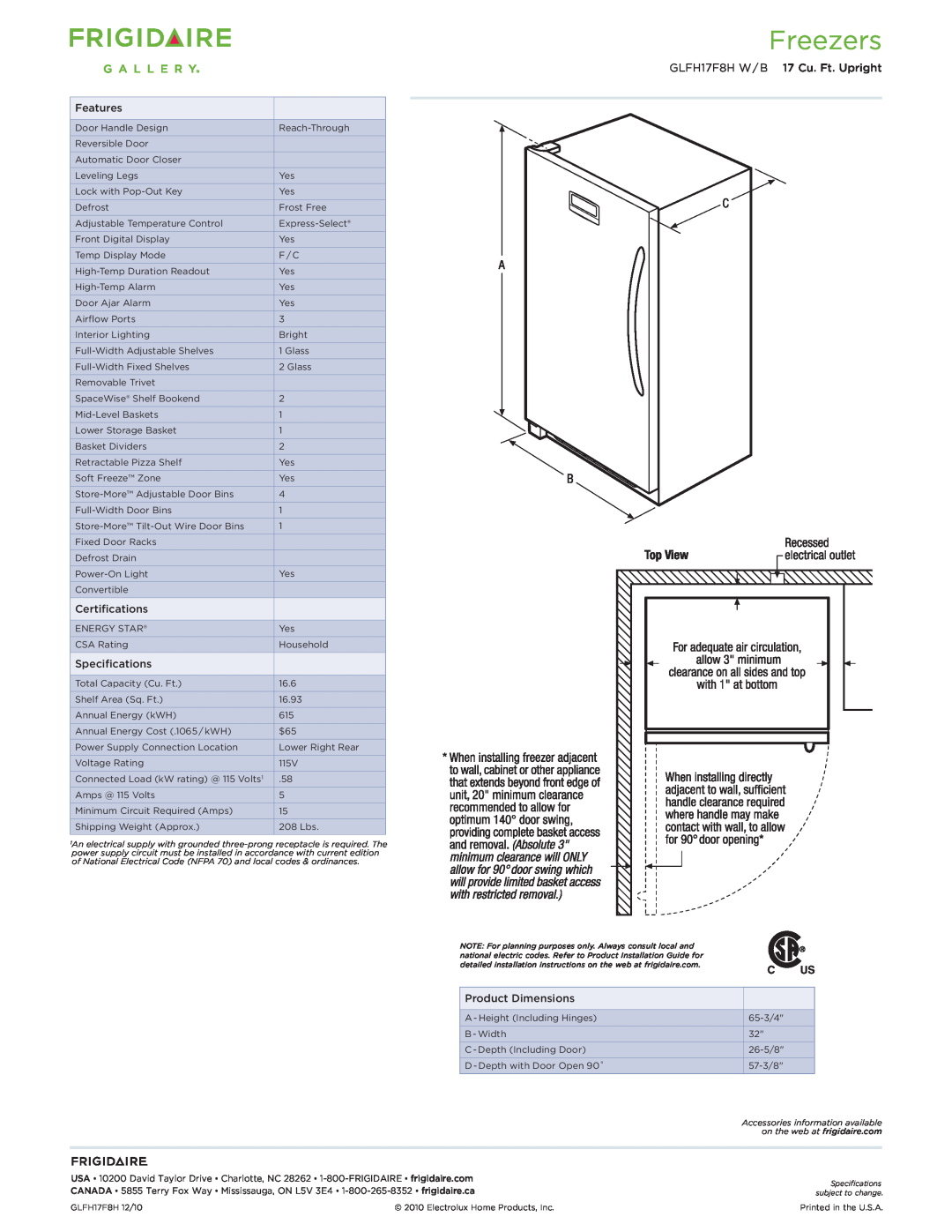Frigidaire dimensions Freezers, GLFH17F8H W / B 17 Cu. Ft. Upright 