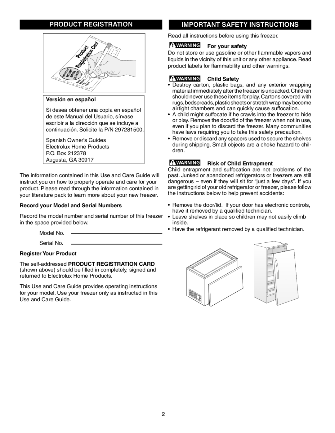 Frigidaire FFU21F5HW, GLFH17F8HW, GLFH21F8HW, FFU14F7HB, FFH17F7HW Product Registration Important Safety Instructions 