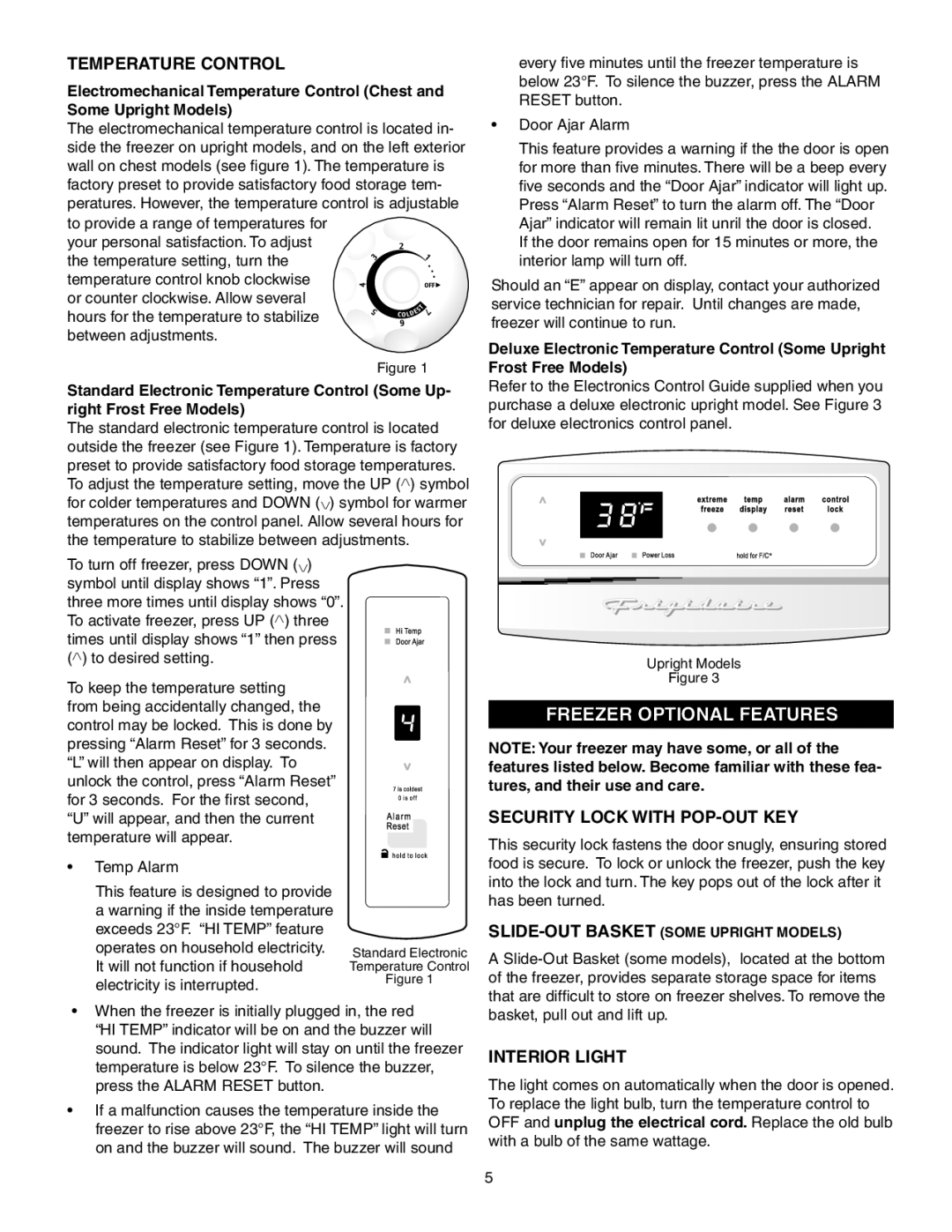 Frigidaire FFU14F7HW, GLFH17F8HW Freezer optional features, FI5RST, Temperature Control, Security Lock with Pop-Out Key 