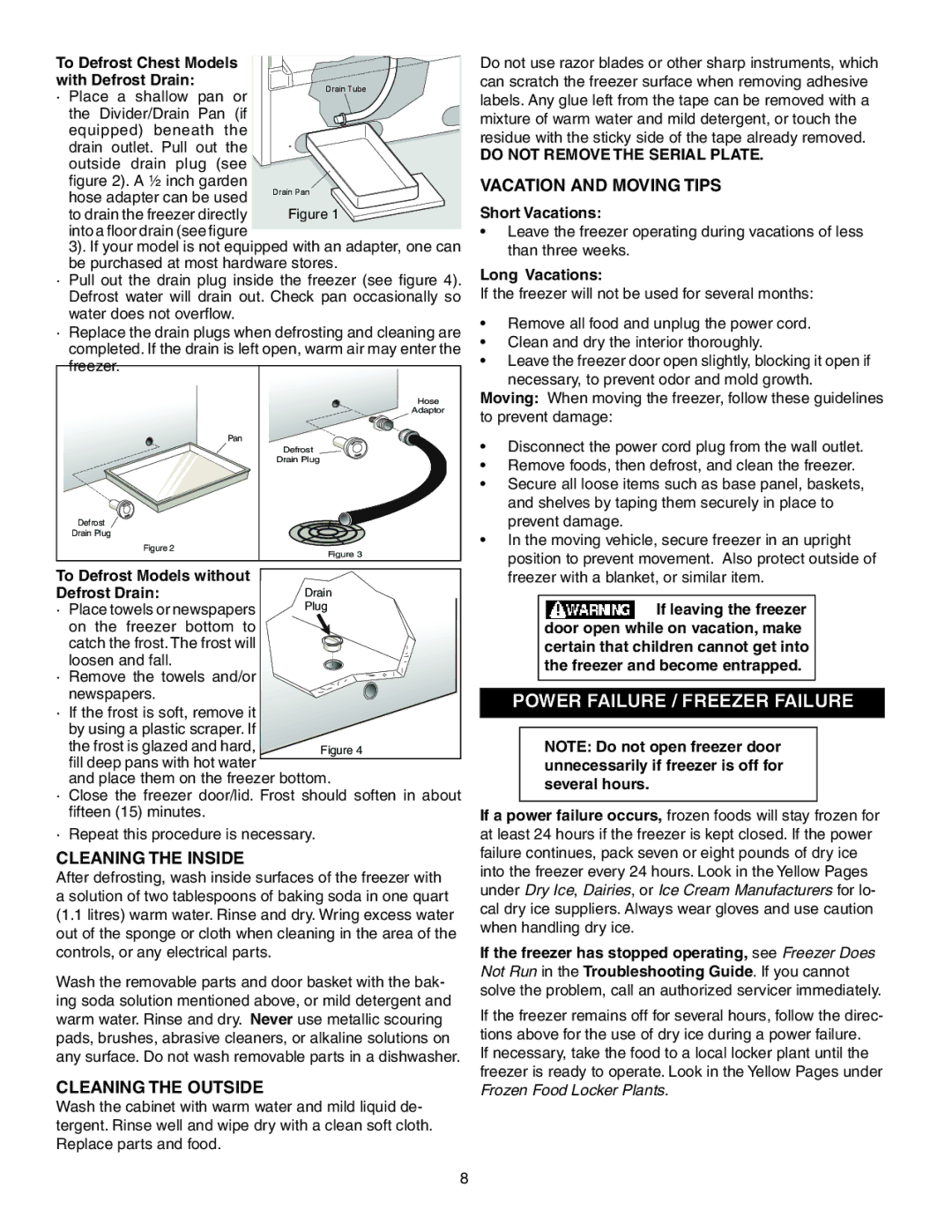 Frigidaire GLFH21F8HW Power failure / freezer failure, Cleaning the Inside, Cleaning the Outside, Vacation and Moving Tips 