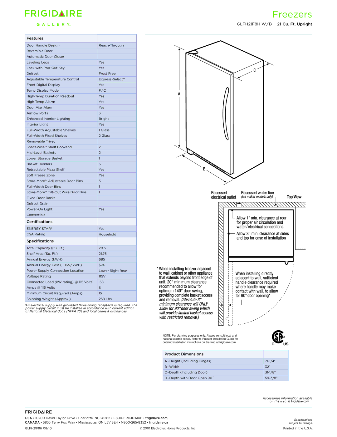 Frigidaire GLFH21F8H dimensions Features, Certifications, Specifications, Product Dimensions 