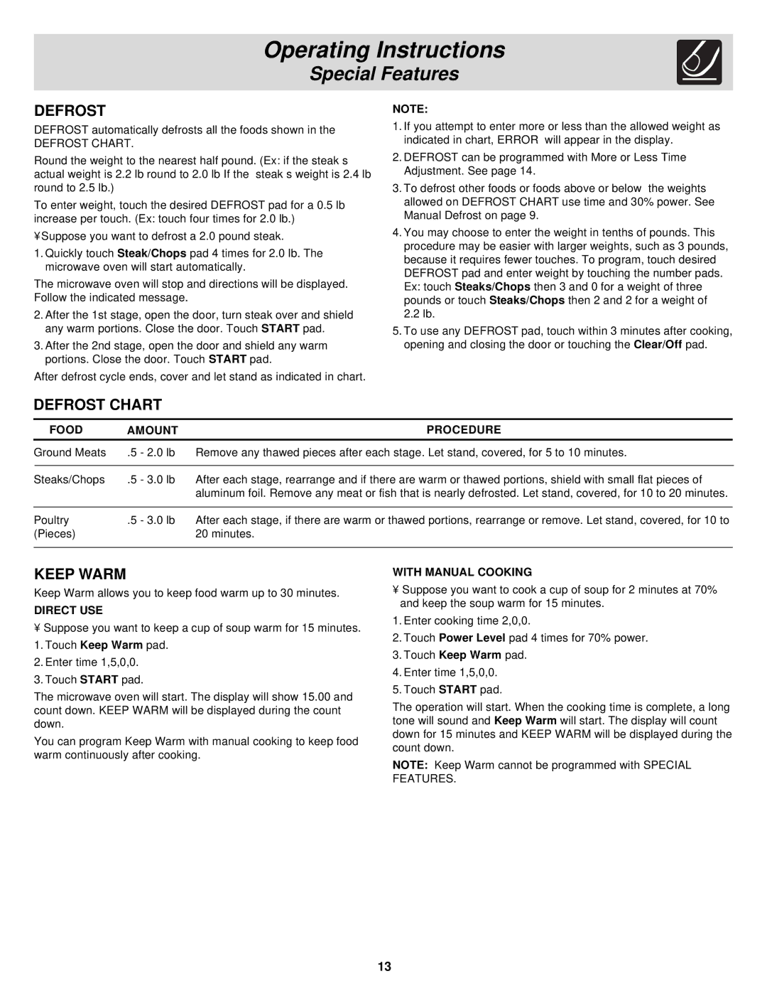 Frigidaire CPLMB209DC, GLMB209DS important safety instructions Defrost Chart, Keep Warm, Direct USE, With Manual Cooking 