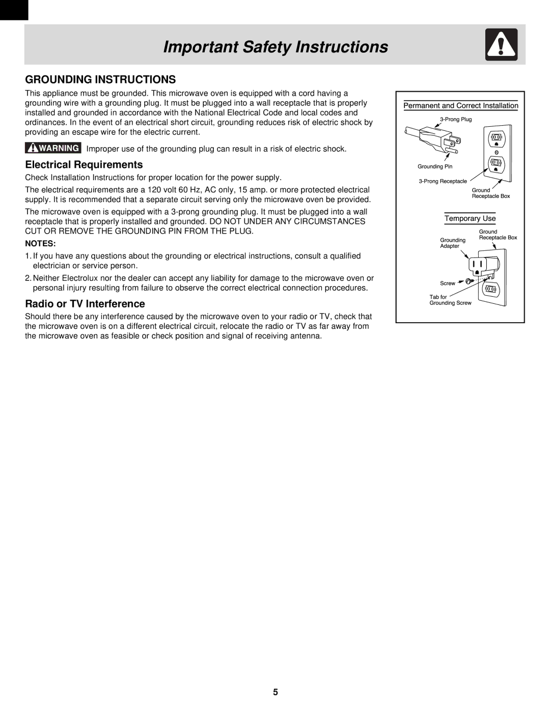 Frigidaire GLMB209DB, GLMB209DS, GLMB209DQ, PLMB209DC, CPLMB209DC Grounding Instructions, Electrical Requirements 