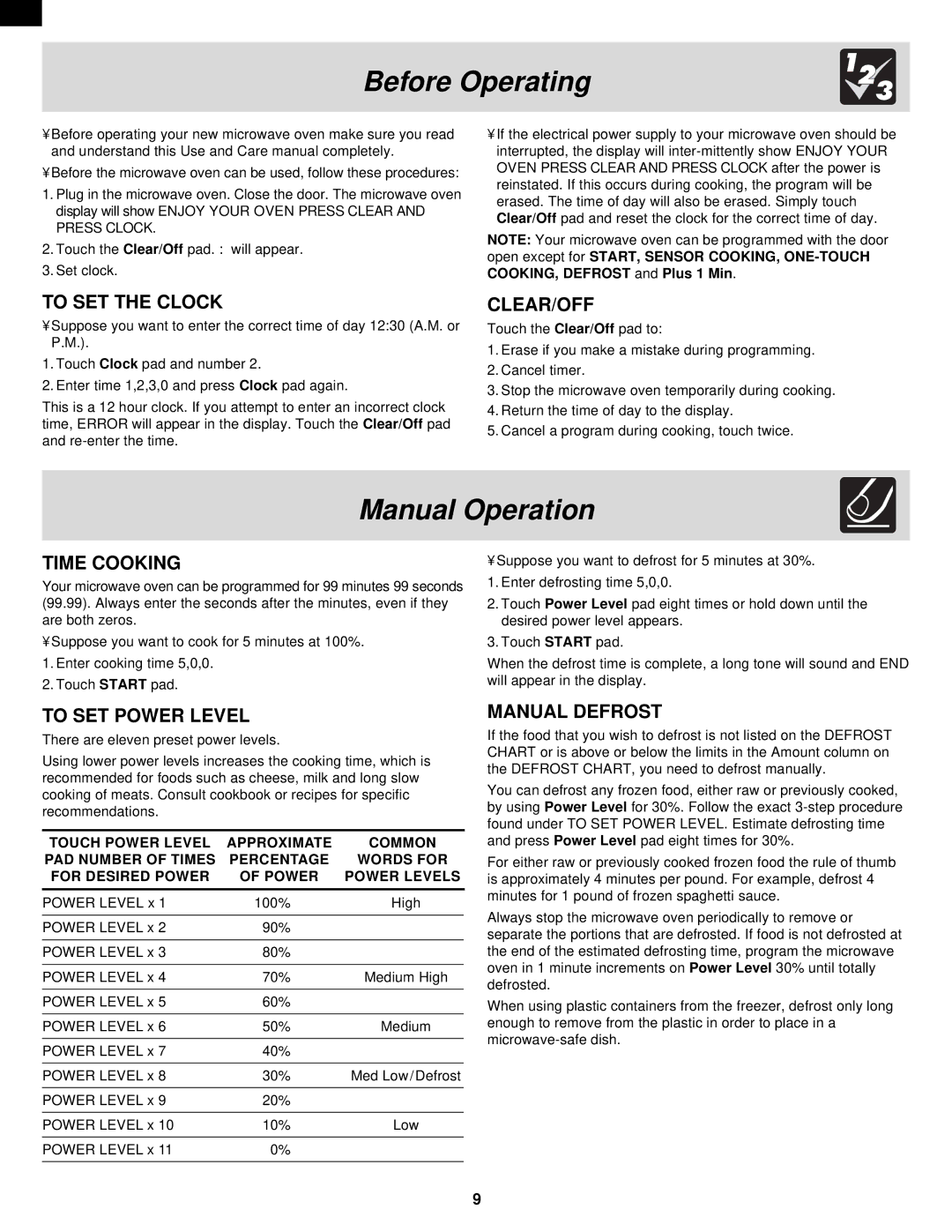 Frigidaire GLMB209DB, GLMB209DS, GLMB209DQ, PLMB209DC, CPLMB209DC Before Operating, Manual Operation 