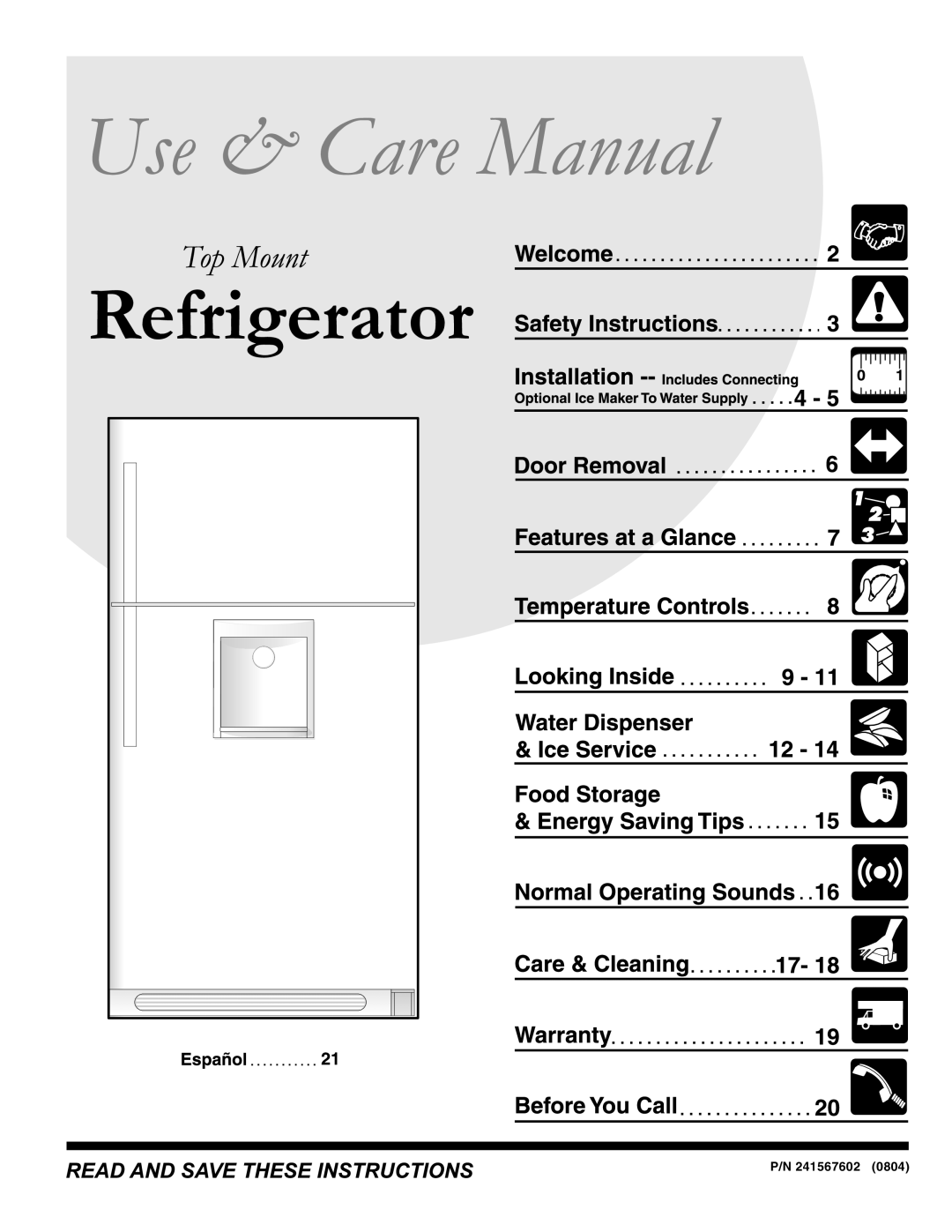 Frigidaire GLRT218WDS9, GLRT218WDL2, GLRT218WDK5, GLRT218WDZ2, GLRT218WDQ7, GLRT218WDS1, GLRT218WDS5 manual 241567602 