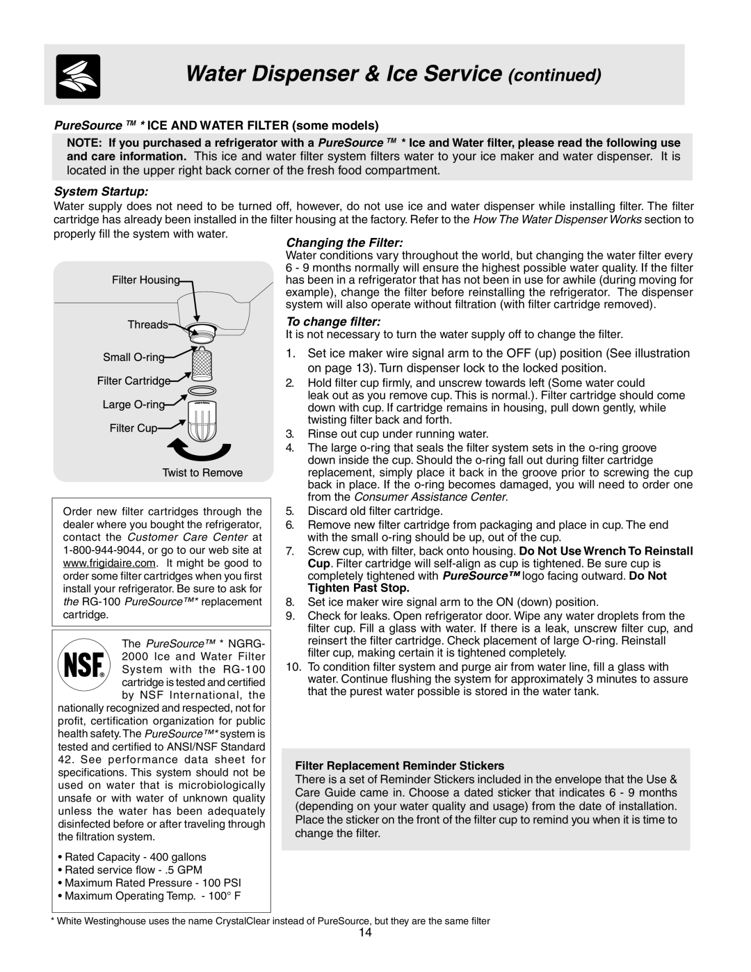 Frigidaire GLRT218WDW5, GLRT218WDL2, GLRT218WDS9, GLRT218WDK5 manual System Startup, Changing the Filter, To change filter 