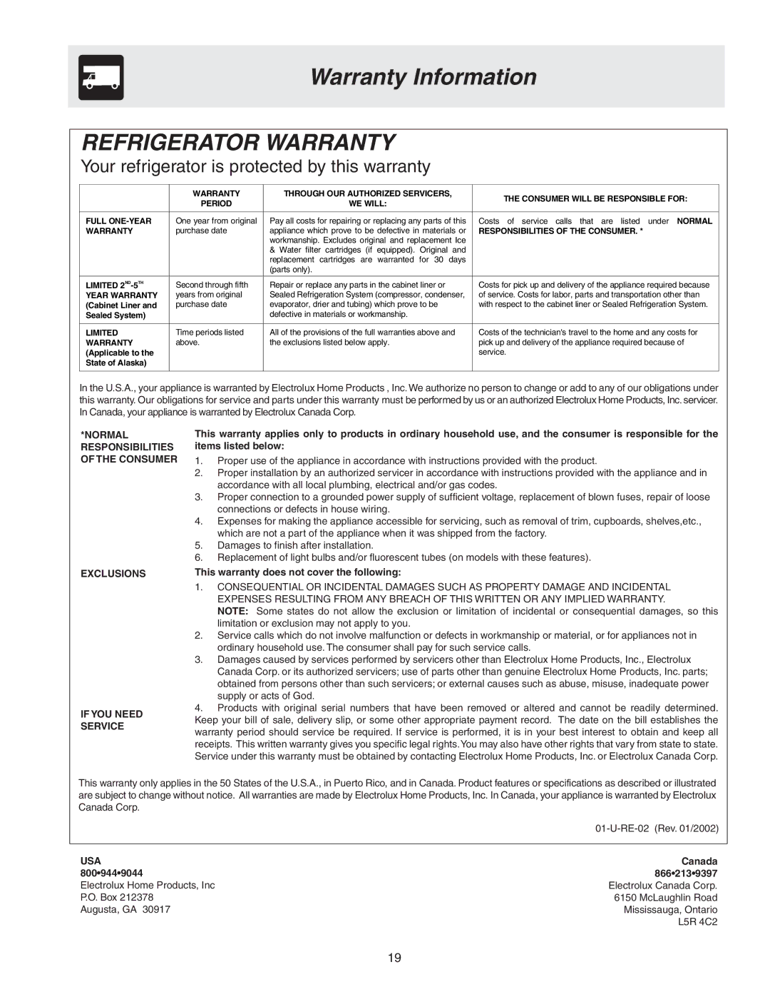 Frigidaire GLRT218WDB3, GLRT218WDL2, GLRT218WDS9, GLRT218WDK5, GLRT218WDZ2 manual Warranty Information, Refrigerator Warranty 