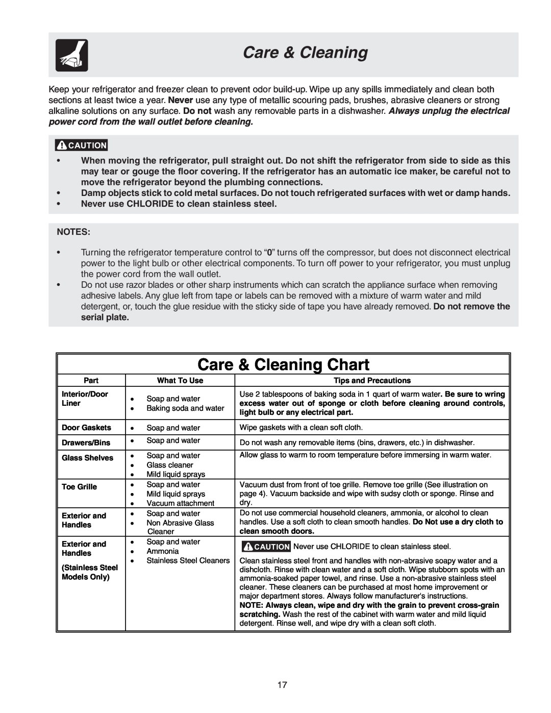 Frigidaire GLRT218WDS7, GLRT218WDL2, GLRT218WDS9 Care & Cleaning Chart, Never use CHLORIDE to clean stainless steel 