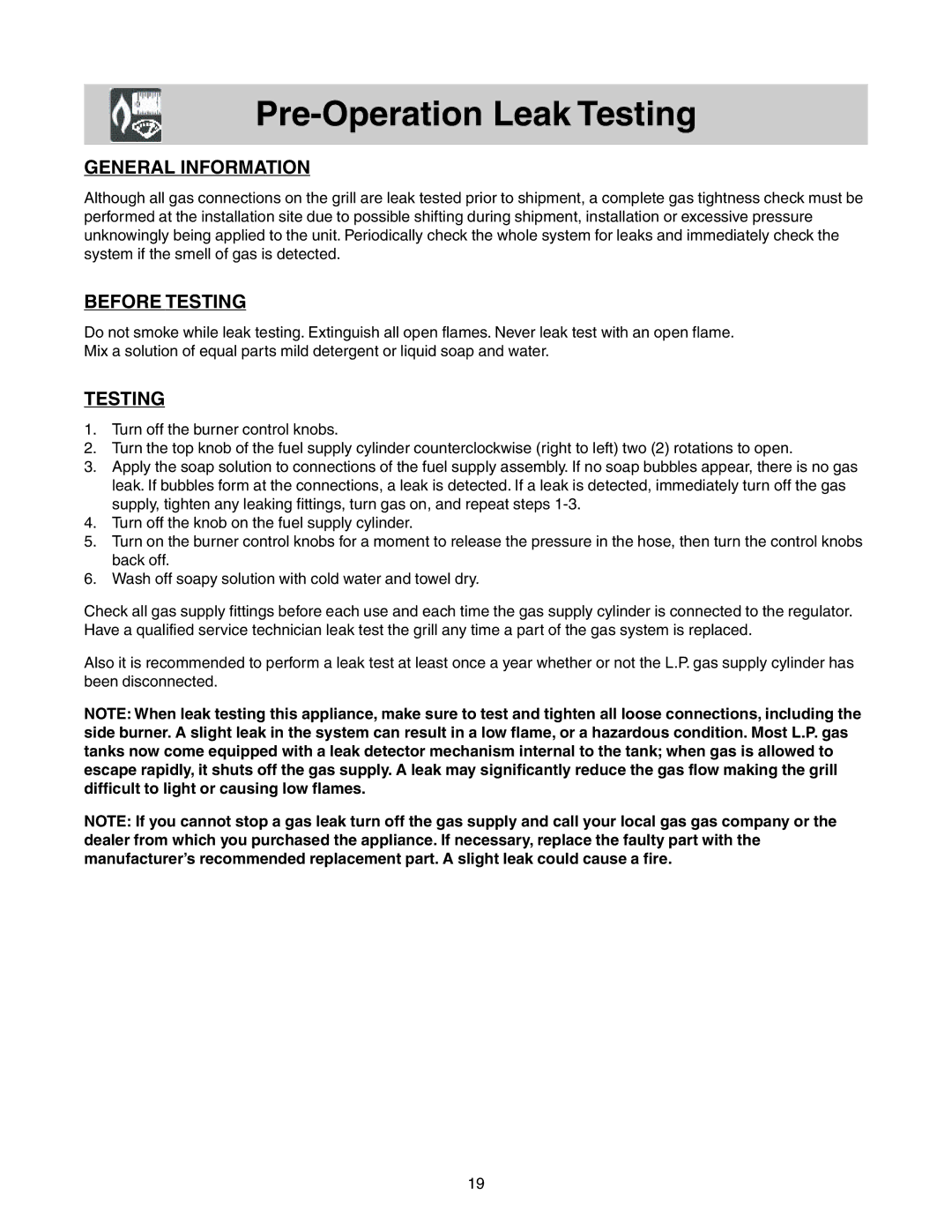 Frigidaire Grill with Electronic Ignition warranty Pre-Operation Leak Testing, Before Testing 